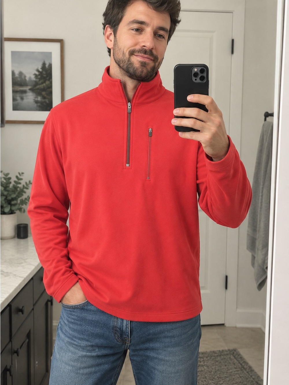 LL Bean Men's Red Quarter-Zip Fleece Pullover XL